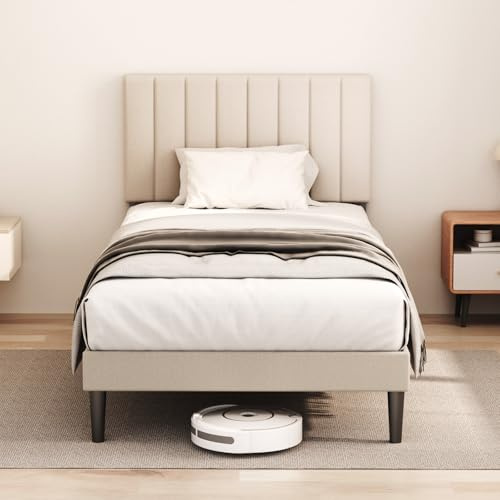 KUTAS Upholstered Bed 90x190 cm, Bed Frame with Adjustable Headboard and Slatted Bed Base, Sturdy Bed Frame, Up to 260 kg, Upholstered Bed, No Box Spring Required, Easy to Assemble, Gray-White