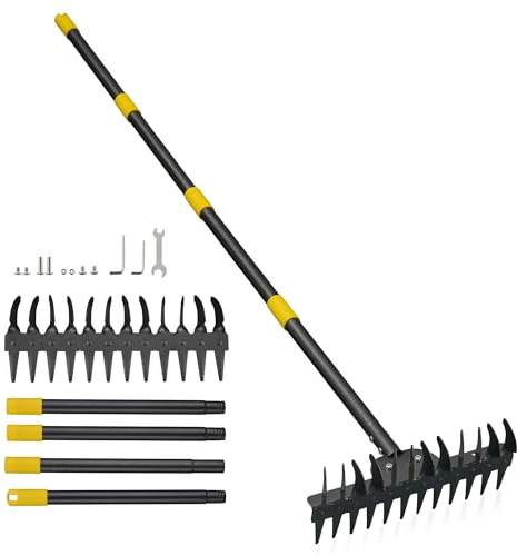Rechen für den Garten mit Stiel – 190cm Doppelreihen-Harke aus Edelstahl, Rutschfester Griff. Als Rasenrechen, Rasenharke & Gartenhacke mit Stiel für Laub, Bodenlockerung, Steine & Unkraut