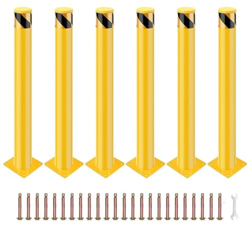 Safety Bollard, ExploreHorizon 6 Packs 42 Inch Height Bollard Post, 4.5 Inch Diameter, Yellow Safety Steel Bollard Post, with 24 Anchor Bolts, for Traffic Control, Driveway Barrier, Parking Pole