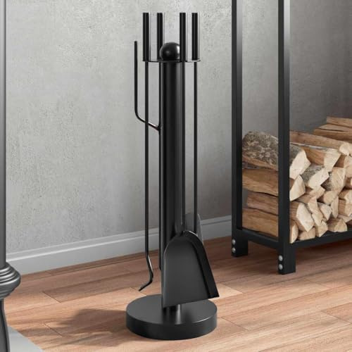 Runheo Juego de 5 utensilios de acero con soporte, 18 x 56 cm, para estufa de leña, estufa de leña, estufa de suecia y hoguera para avivar, limpiar, almacenar madera, cenizas y brasas en el salón