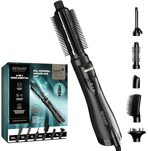 REVAMP Hot Air Styler - 6 in 1 Multi Style, Rotating Hair Dryer Brush for Volumising Blow Dry, Hair Styler for Waves and Curls, Straightening, Smoothing, Quick Blow Dry Brush x 6 Attachments