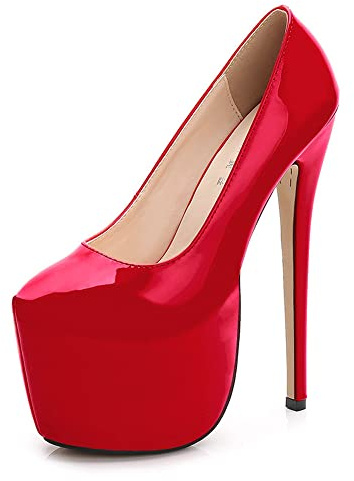 Escarpins à talons hauts sexy pour femme - 18 cm - Plateforme - Talon haut - Couleur unie - En cuir, rouge, 43 EU