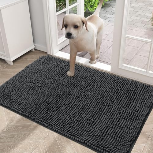smiry Muddy Mat, Super Absorbent Chenille Dog Door Mat, Washable Non Slip Door Matts Indoor, Soft Microfiber Pet Rug and Bath Mat for Entrance Kitchen Muddy Shoes & Paws - Dark Grey, 51 x 76 cm