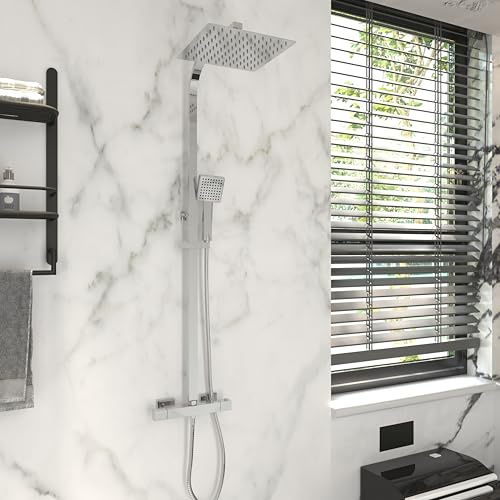 GY Bath Thermostatic Shower Mixer Set,Chrome 10 Square Overhead Rainfall Shower,38°C Thermostatic Valve Bar,Twin Head Height Adjustable Shower System