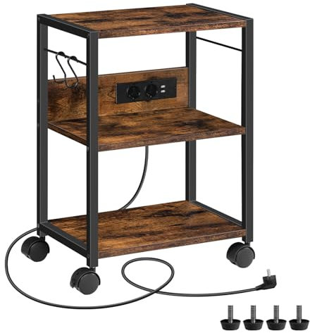 MAHANCRIS Carro de Impresora Industrial, Mesa de Impresora Móvil con 3 Estantes, Carrito con Ruedas con 2 Tomas de Corriente y 2 Puertos USB, Marrón Vintage APTHR40UE01