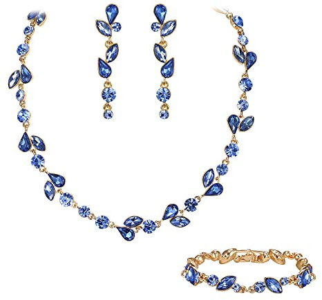 EVER FAITH Ensemble de bijoux en cristal avec colliers, boucles d'oreilles et bracelet en strass à facettes marquise et rondes, ensemble de feuilles pour femmes, marron doré, klein, cristal