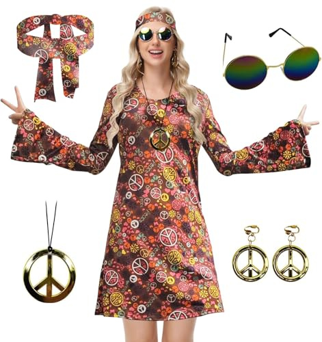 ELFIN Robe hippie pour femme - Col rond - Costume hippie des années 60 et 70 - Avec lunettes, bandeau, collier, boucles d'oreilles - Tenue disco - Carnaval et Halloween