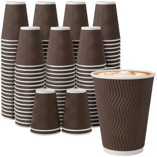 Clawsoff 100 Pack 12 oz Coffee Cups Disposable, 100 Count Insulated Paper Coffee Cups, Corrugated Ripple Wall Design Paper Cup, Hot Cold Drinking Cup for Party, Picnic, Travel, Business, Home