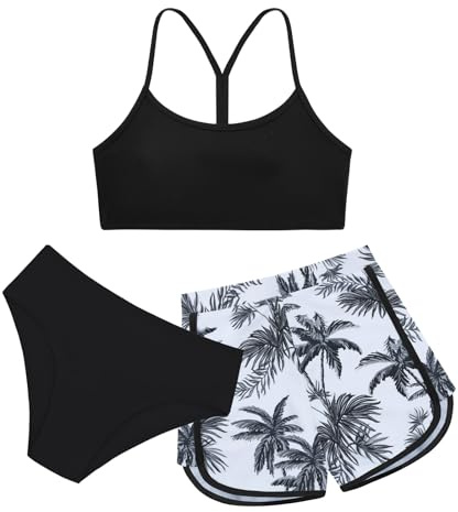 Miyanuby Maillot de bain 3 pièces pour filles - Bikini uni avec short de sport imprimé - Pour adolescentes de 9 à 16 ans, Noir , 11-12 ans