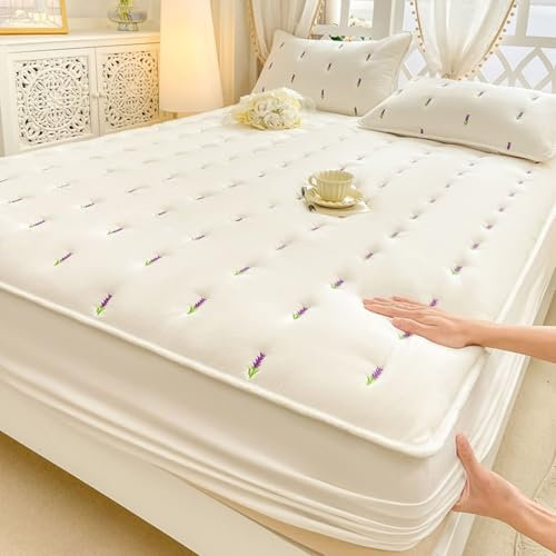 AMDXD Betttuch 120x200cm Allergiker, Blumen Muster Spannbettlaken Gestickt Textilien Klassische, Baumwolle Spannbettuch Laken Weiß für Boxspringbett & Wasserbett