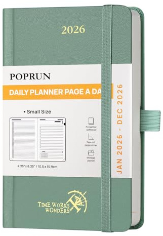 POPRUN A6-dagbok 2026 en dag per sida inbunden 25 daglig planerare dag till sida, mötesdagbok med 30 minuters intervall, innerficka (midnattsgrön) TJ-26-CEHBTA6-MGN