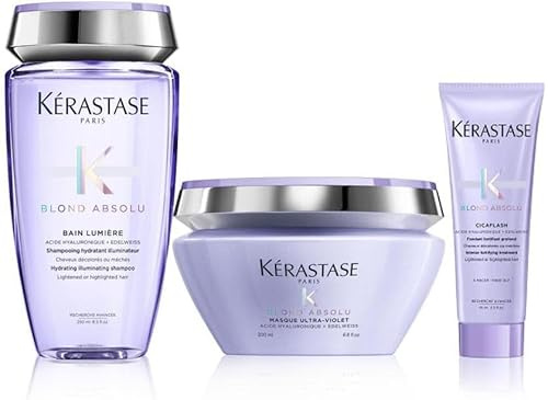 KÉRASTASE Blond Absolu – Routine Glanz & Repair für blondes Haar – Gesträhnt & gebleicht – mit Hyaluronsäure – Shampoo (250 ml) + Conditioner (75 ml) + Maske (250 ml)