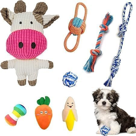 ZRUEWOT Set di 8 Giochi per Cani Cuccioli Giocattoli in Peluche con Corda Palla e Squeak Giochi Interattivi e da Masticare per Cane Piccolo o Cucciolo