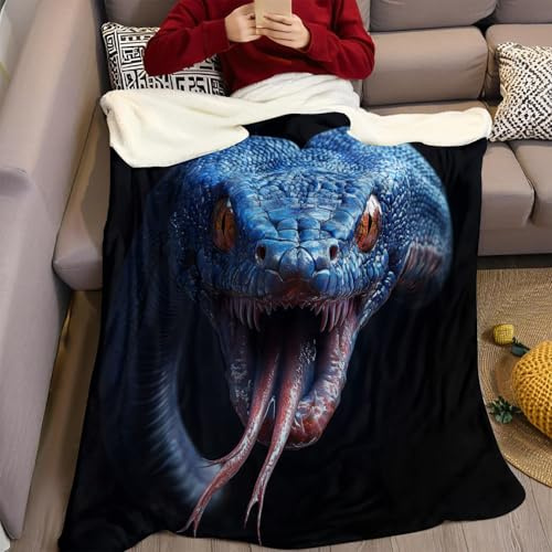 Blue Throw Blanket for Kids Animal horror snake Fluffy Blanket 3D Print Soft Warm Flannel Light Fleece Blanket 100 x 130 cm Boys Girls Birthday Gift Bed Sofa Couch