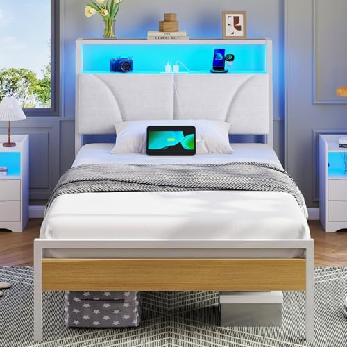 Brinlawb Cadre de Lit 90x200 avec sommier Métal, Lit 1 Personne avec lumières LED, Multiprise (2 Prises CA, 2 Ports USB) lit 90x200cm en métal avec Rangement, Facile à Assembler, Blanc