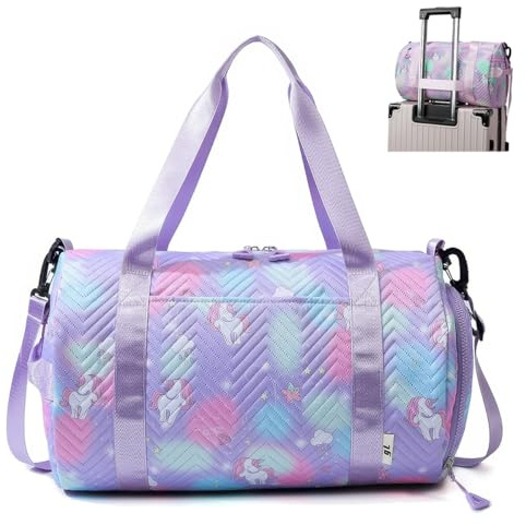 Einhorn Yogatasche, Niedlich Buntes Tanztasche 41x26x25cm, Kindersporttasche Reisetasche mit Schuhfach & Nassfach, Regenbogen Muster Sporttasche, Turntasche Mädchen für Reisen, Fitness, Sport (lila)