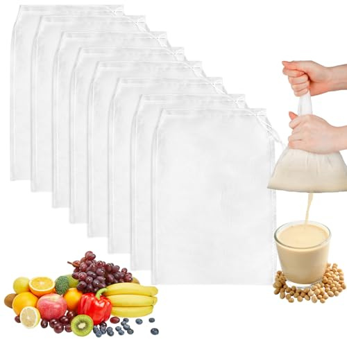 EOPUOZS 8Pcs Sacchetti per Latte di Noci, Sacchetto Filtro in Tessuto di Nylon con Coulisse Riutilizzabili e Lavabili, Setaccio per Latte di Mandorle, Succhi, Produzione di Formaggio, Caffè(20×30cm)