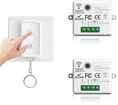 Wvoillty RF433 Funk Lichtschalter, Batteriebetriebe, Ohne Stromverdrahtung & Wandlichtsschalter, Magnetisch (2 Empfängers 10A &1 2-Tasten Schalttafel), Steuern Sie Ihre Lampe bis zu 50 m Fern