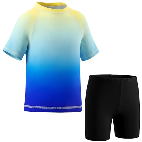 Hoseay Costume da Bagno Ragazzi, Set Rash Guard con Protezione UV, Maglietta Maniche Corte e Pantaloncini 2 Pezzi Abbigliamento da Nuoto, Traspirante Tuta da Piscina Bambini 6-7 Anni, Blu