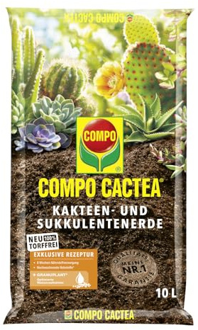 Compo CACTEA® Tierra para cactus y suculentas, sin turba, 10 L, tierra especial para cactus y suculentas, estructura suelta para raíces sanas, óptima gestión del agua, tierra para plantas de alta