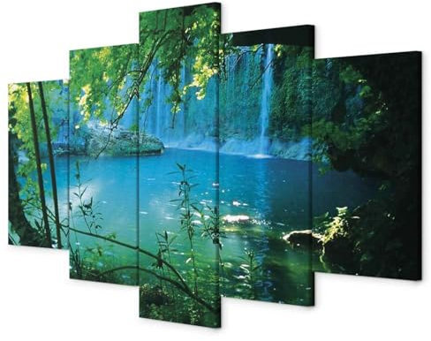 B&D XXL - Wandbilder XXL 225x112cm 5 tlg - Wand Deko Leinwand Bilder Groß Wanddeko Wohnzimmer Schlafzimmer Kunstdrucke - See Wasserfall c-A-0002-b-n