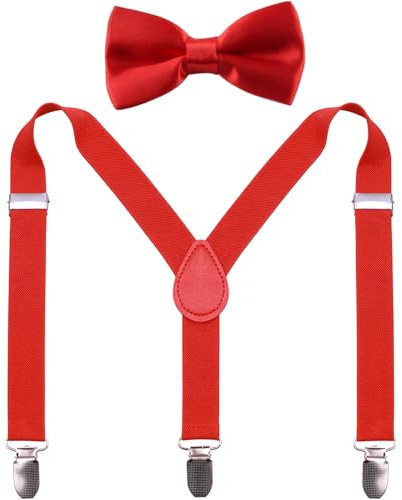 GUCHOL Child Kids Suspenders Bow Tie for Boys and Girls Adjustable Elastic Classic Accessory Sets Age 1 to 13 Year (Red, 33 INCH (6-13 Year))