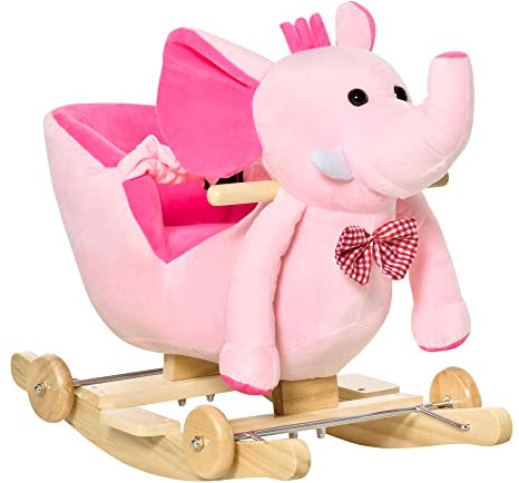 HOMCOM Cheval à Bascule Jouet à Bascule éléphant et Porteur sur roulettes 2 en 1 Fonction Musicale 32 Pistes Ceinture sécurité Rose