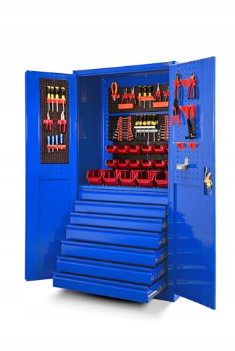 Jan Nowak Werkzeugschrank TC007 Werkstattschrank Garagenschrank 7 Schubladen Perforierte Rückwand Flügeltüren Pulverbeschichtet Metall 185 cm x 92 cm x 50 cm (Blau)
