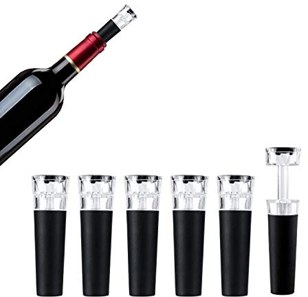 JCKD 6 pezzi Tappo per vino sottovuoto,tappo in silicone con pompa sottovuoto,tappo riutilizzabile a tenuta stagna, adatto per bottiglie di vino,champagne,spumante,mantiene la bottiglia fresca (nero)