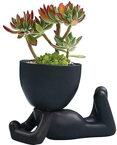 Humanoid Flowerpot, Bonsai Planter, Cute Ceramic Doll Decorative Pot, Succulent Flower Cactus Bonsai Planter Pots Container Creat Design, for Home Office Decor, Black, 11 * 6 * 8cm