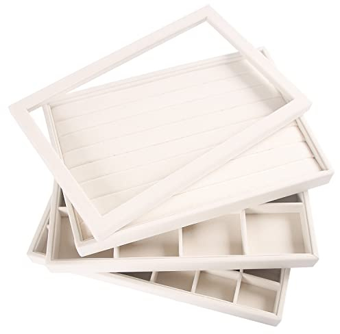 Coward Stackable Jewelry Trays Organizer Set with Clear Lid, Trays for Drawer, Earring Necklace Bracelet Ring Display Organizer (beige(ring+12girds+30girds+The glass lid))