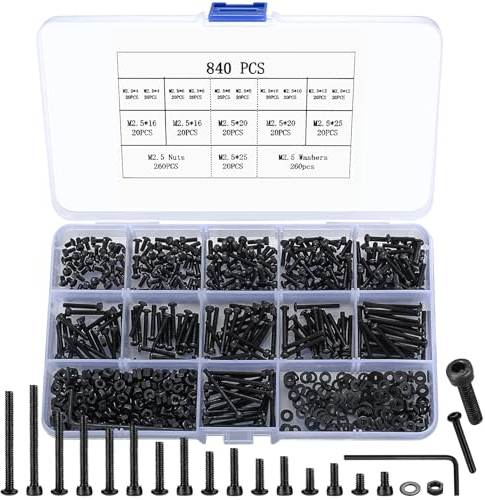 M2,5 Schrauben Set, 840 Sechskantschrauben mit Linsenkopfschraube, Zylinderschrauben Muttern und Unterlegscheiben Sortiment Kit, Gewindeschrauben Zylinderkopfschrauben, Kohlenstoffstahl Schrauben Set