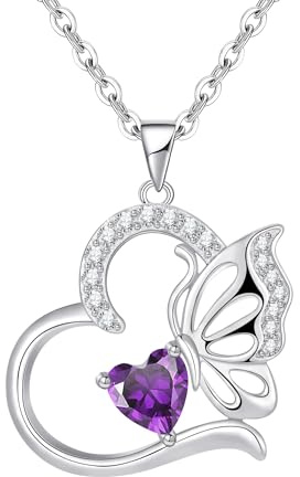 Tusuzik Collier Femme Argent Sterling 925 Collier Coeur Papillon Février Pierre de Naissance Pendentif Femme Bijoux Idee Cadeau Anniversaire Fete des Meres Noel Saint Valentin