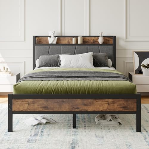 BORPHOM Bettrahmen Holz Doppelbett Gästebett Metallbett Polsterbett 140x200 Bettgestell aus Metall,Jugendbett mit Lattenrost Kopfteil in Grau,für Schlafzimmer Gästezimmer