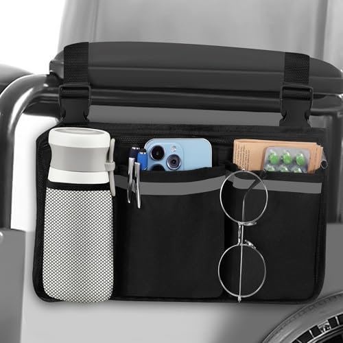 Borsa per Sedia a Rotelle Impermeabile Borsa Laterale per Bracciolo con Strisce Riflettenti e 5 Tasche per Deambulatori Scooter Sedie a Rotelle