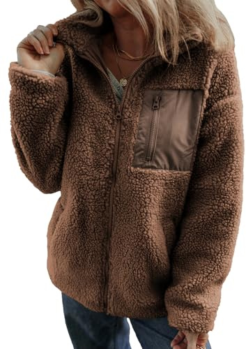 Dokotoo Winter Coats for Women Fleece Fur Turn Down Collared Long Sleeve Sherpa Jackets Solid Warm Fashion Front Full Zipper Casual Teddy Coats Outerwear Chocolate Brown Fall Clothes Winter Clothing L