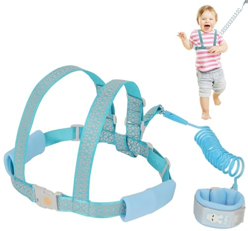 OWill Toddler Reins Walking Harness, 1-3 Years Boys and Girls, Anti Lost Wrist Reins with Luminous Effect Induction Unlocking Warning Whistle (1.5m Blue)