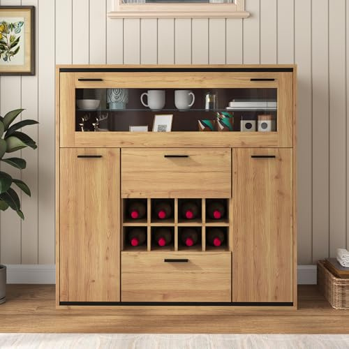 Aparador, elegante armario para vino con puertas dobles, estante de cristal y soporte para vino: almacenamiento perfecto en un elegante aparador. (armario para vino)