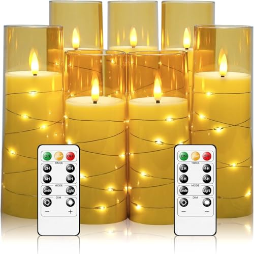 Candele a LED - 7 Pezzi Senza Fiamma, Luci a LED Realistiche e Luminose, con Telecomando e Timer, per Matrimoni, Feste, Natale, Pasqua, come luce D'atmosfera in Plastica, Bianco (Oro)