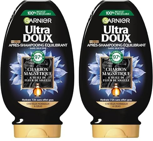 Garnier Ultra Doux - Après-Shampooing Hydratant & Équilibrant au Charbon Magnétique & Fleur de Nigelle - Pour Cheveux Normaux à Gras - 200 ml