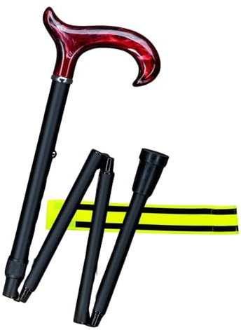 Gehstock Faltstock 4-teilig schlank höhenverstellbar faltbar – aus Aluminium mit Derby-Griff aus Acetat - belastbar bis 100 kg + Olanmarp Klettarmband mit Streifen