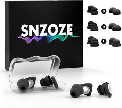 SNZOZE 2 Pairs Silicone Reusable Earplugs for Noise Reduction - SNR 27 dB - Hearing Protection Ear Plugs, with 12 Ear Tips in S/M/L - for Sleep, Concert, Work, Study, Focus, Travel (Black, 2 Pairs)