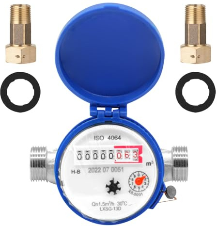 Vattenmätare trädgård 1/2 tum, kalibrerad kall vattenklocka, kran mätare med monteringstillbehör och skydd hushåll kallvattenmätare med visare och digital display 0–40 ℃ 1,5 m³/h