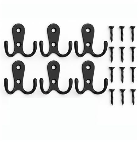 Lot de 12 crochets doubles noirs à fixation murale – Crochets doubles robustes avec 24 vis pour accrocher manteaux, chapeaux, serviettes, clés – Crochet en métal pour porte, salle de bain, cuisine