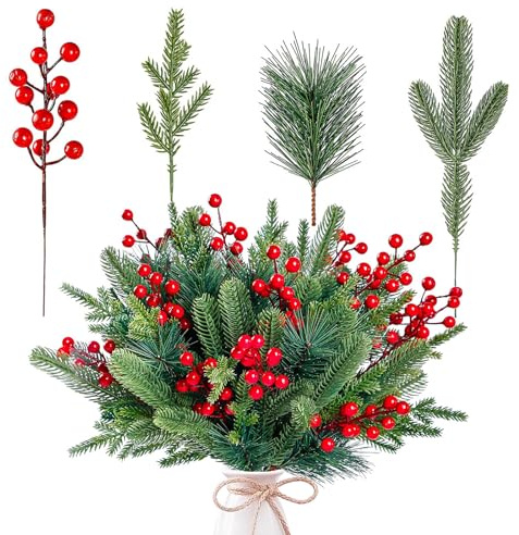 60 pezzi di rami artificiali di pino con bacche natalizie, bacche rosse e verdi, rami artificiali per Natale con pigne, per addobbi di albero di Natale, decorazione fai da te per ghirlande natalizie