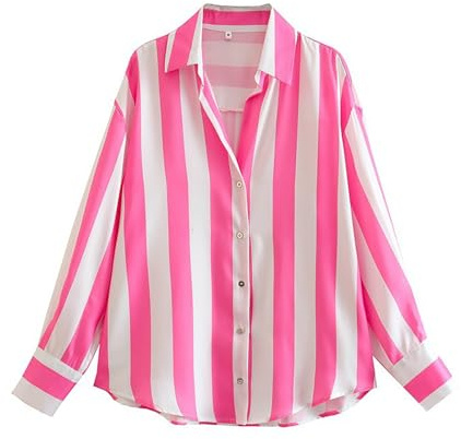 Chemisier rayé surdimensionné pour femme - Décontracté - Col boutonné - Élégant - Manches longues, rose, M