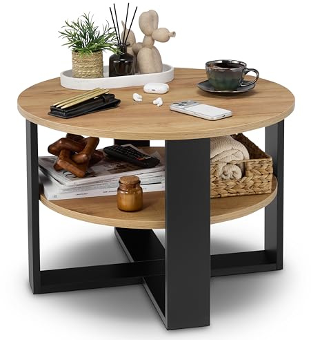 defiPad Couchtisch rund Eiche Ø70 cm - Beistelltisch mit Ablage - 2 Ebenen, runder moderner Kaffeetisch im Industrial Design - Hergestellt in der EU