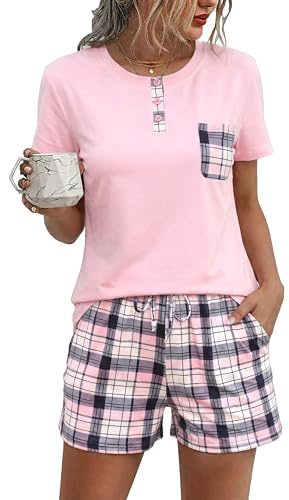 Litherday Pyjamas Set for Women UK Cotton Short Sleeve Soft 2 Pieces Pjs Set Loungewear Sleepwear Nightwear Casual Summer Drawstring with Pocket Pink