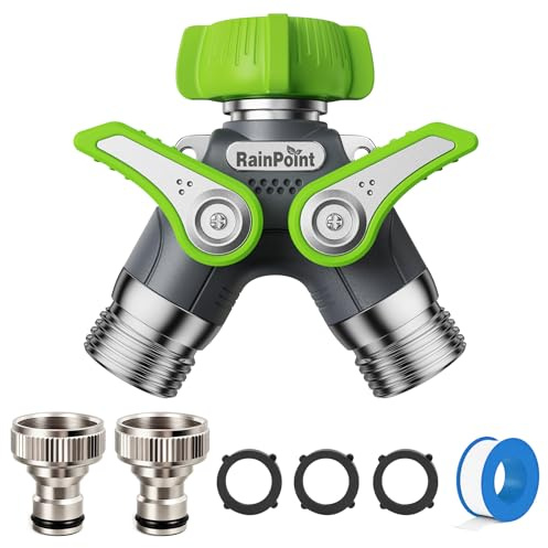 RAINPOINT Distribuidor 2 Vias Jardin, Cuerpo 100% metálico Desviador de Grifo, Distribuidor en Y con Interruptor Independiente y Adaptador de 3/4 de 1/2, Flujo de Agua regulado y bloqueable