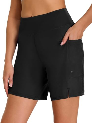 Havideto Women's High Waisted Swim Shorts Tummy Control Board Beach Shorts UPF 50+ Quick Dry Swimming Bottoms with Liner Pockets Black 14
